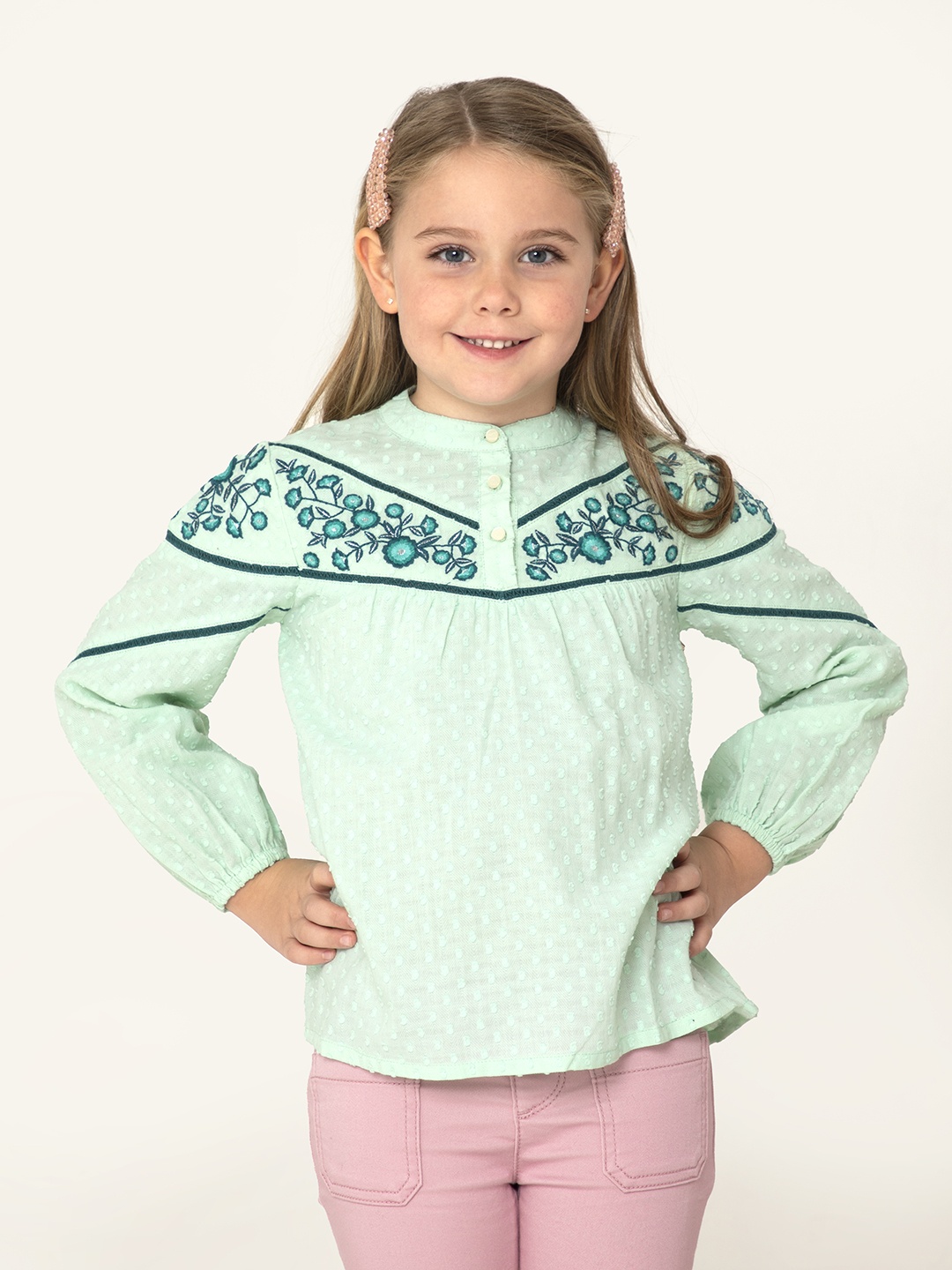 

Cherry Crumble Girls Green Self Design A-Line Pure Cotton Top