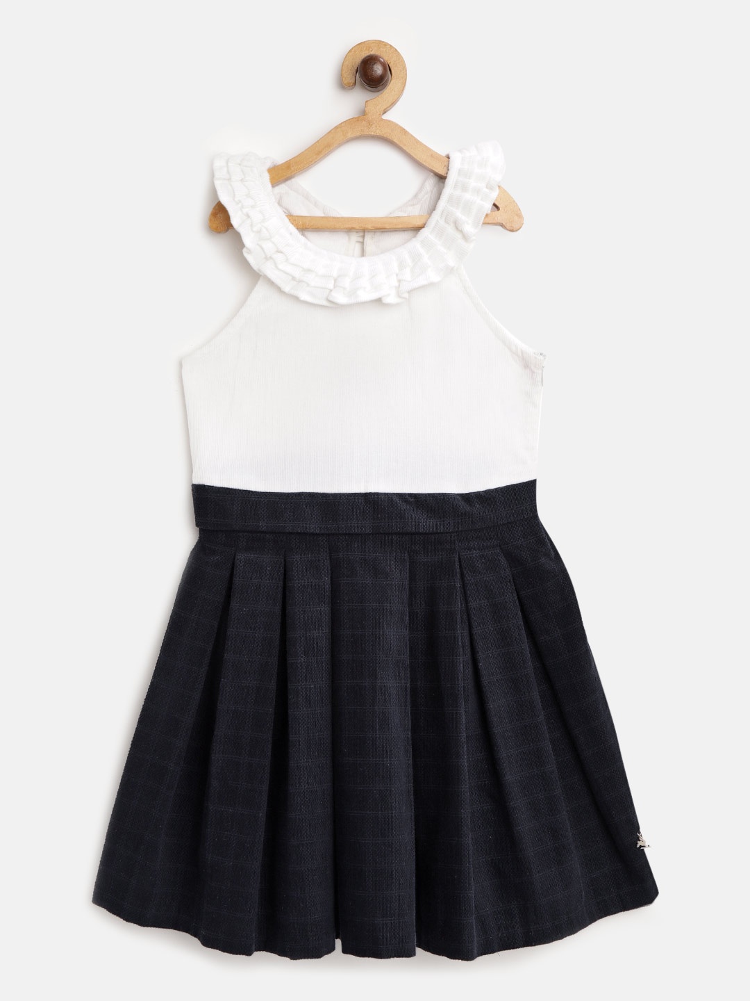 

Cherry Crumble Girls White & Navy Blue Colourblocked Fit & Flare Dress