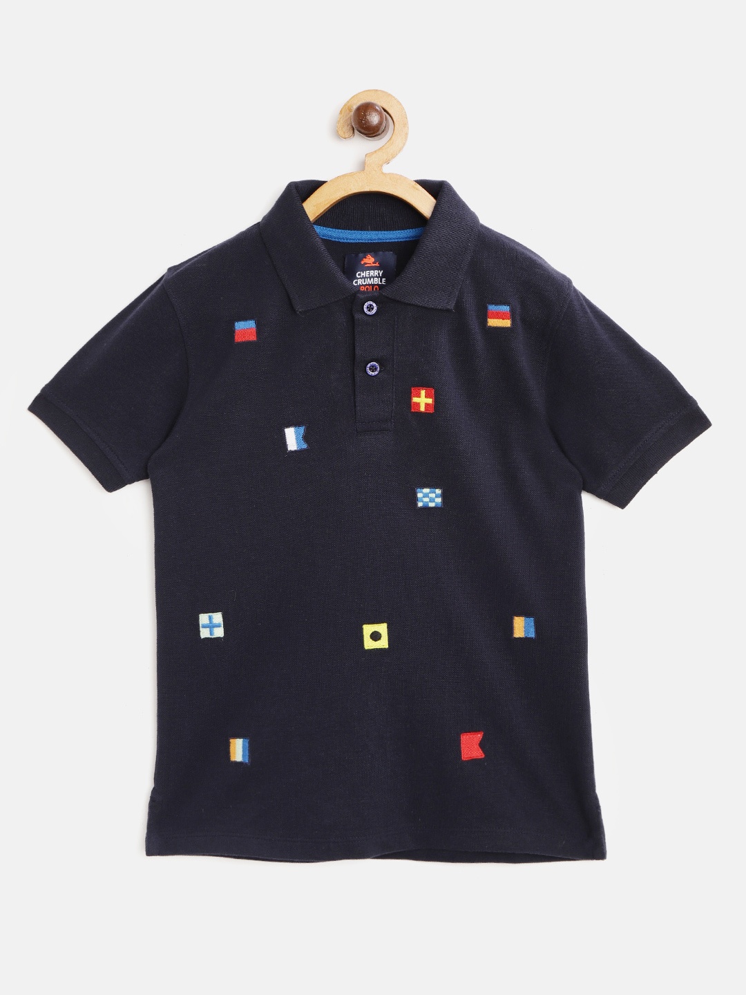 

Cherry Crumble Boys Navy Blue Embroidered Polo Collar T-shirt