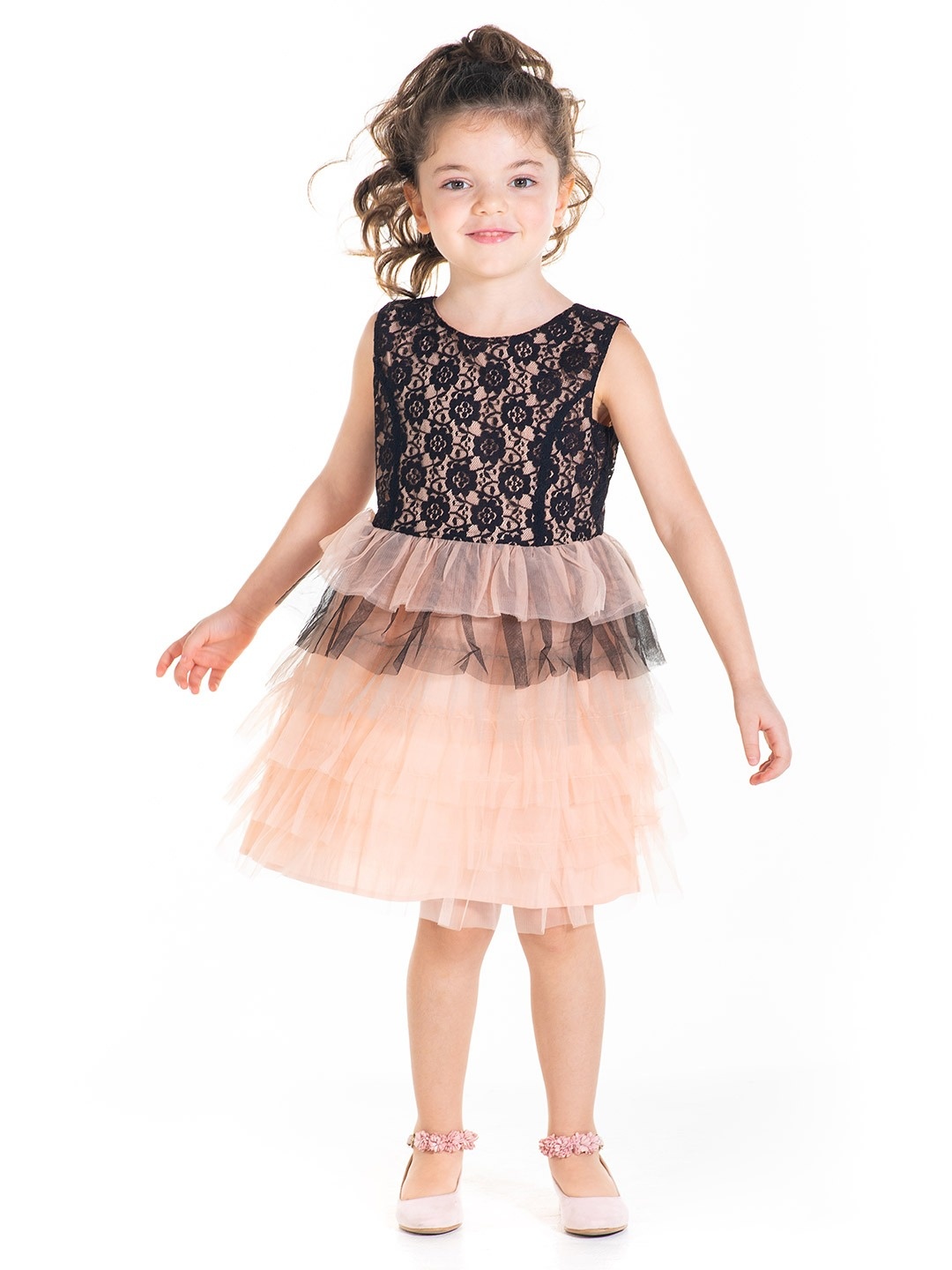 

Cherry Crumble Girls Peach-Coloured & Black Net & Lace Layered Fit & Flare Dress