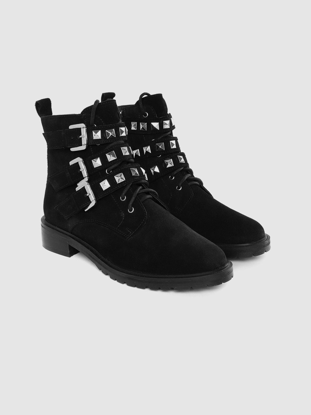 

Carlton London Women Black & Silver-Toned Studded Suede Mid-Top Flat Boots
