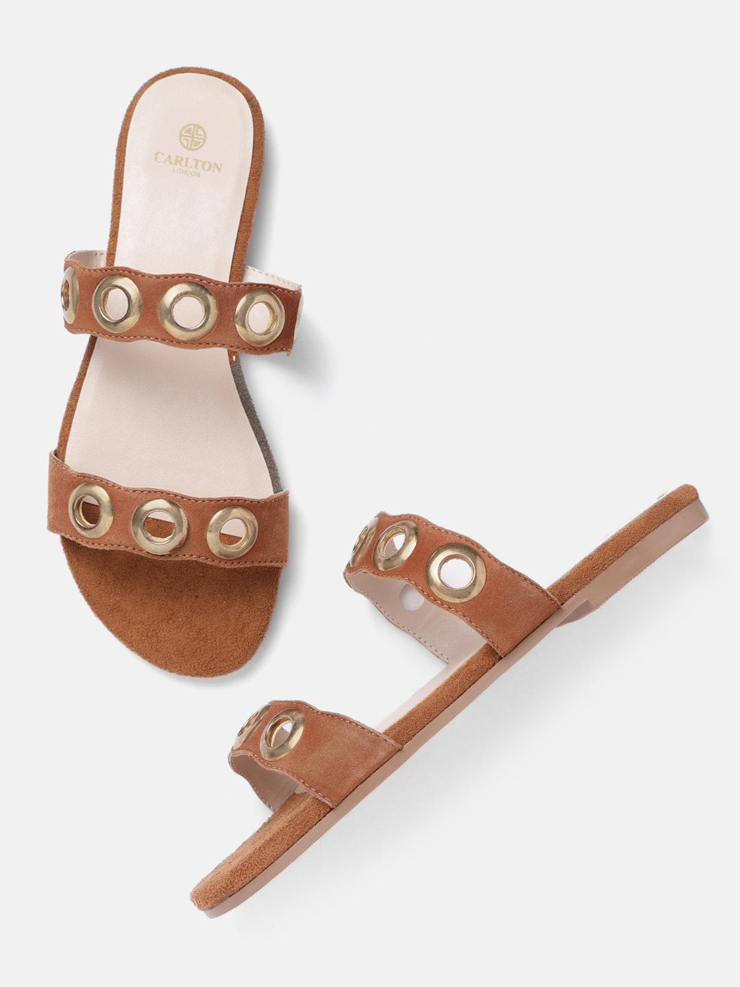 

Carlton London Women Tan Brown & Gold-Toned Leather Rivet Detail Open Toe Flats