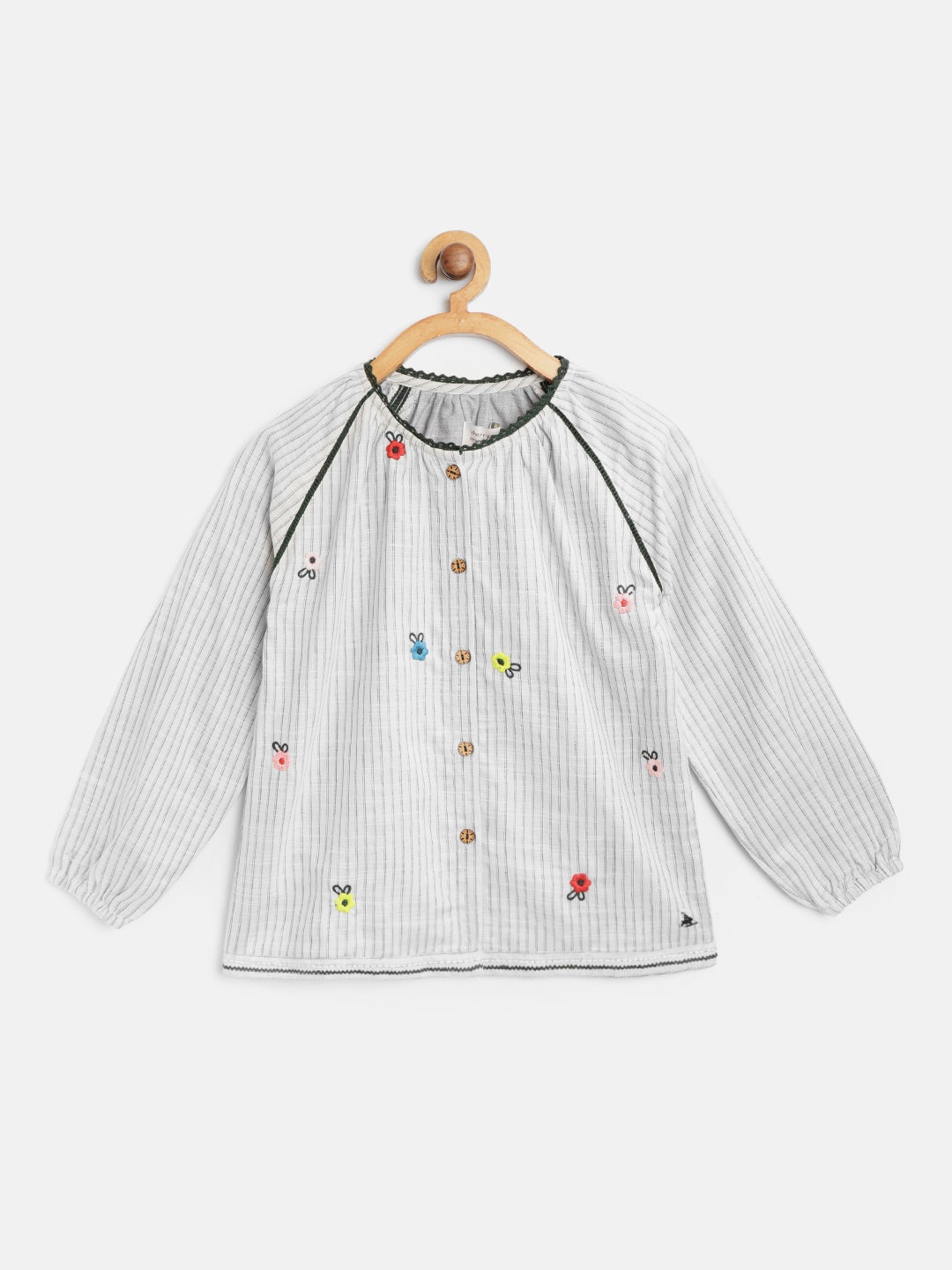 

Cherry Crumble Girls Grey Striped Pure Cotton Top with Embroidered Detail