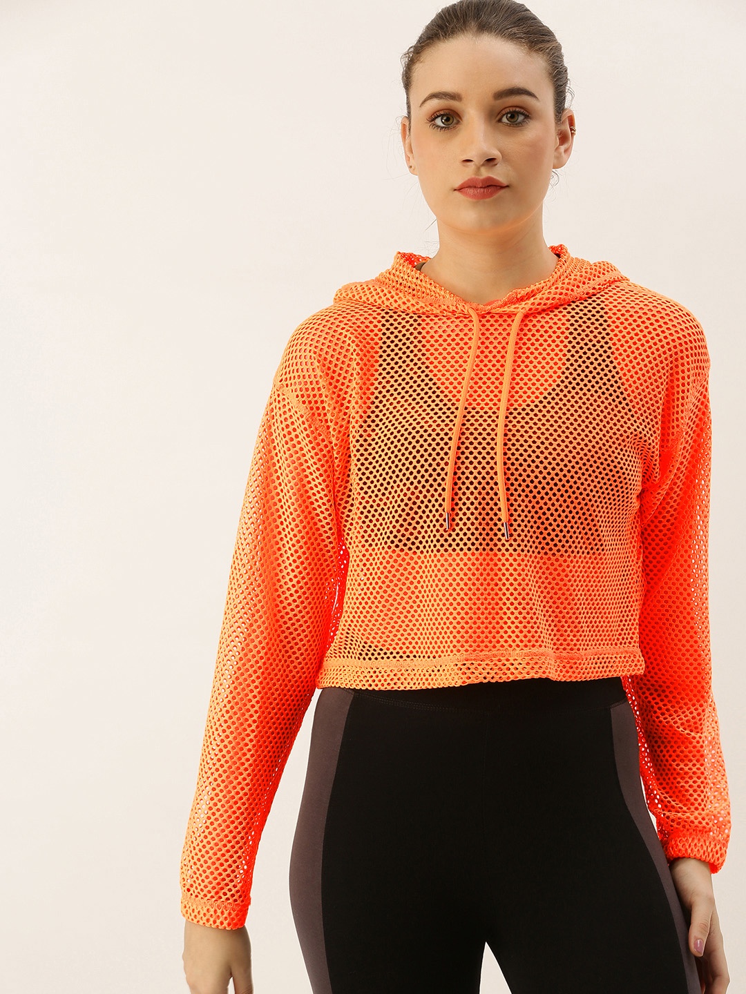

FOREVER 21 Women Orange Self Design Hooded Sheer Regular Top