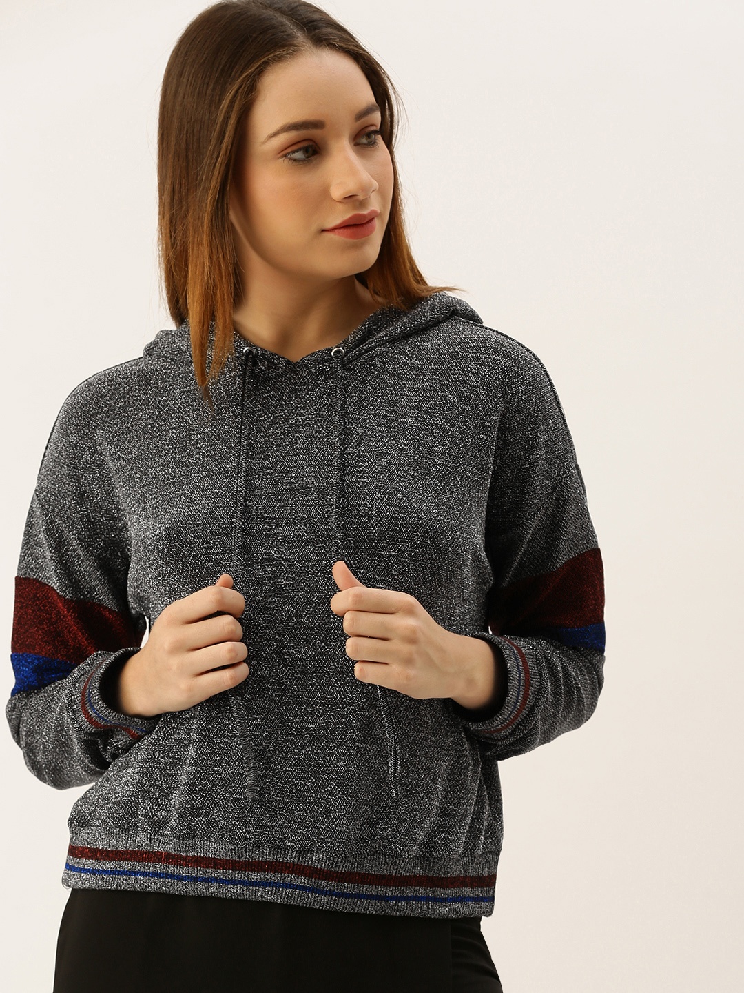 

FOREVER 21 Women Black & Silver-Toned Self Design Hooded Sweatshirt