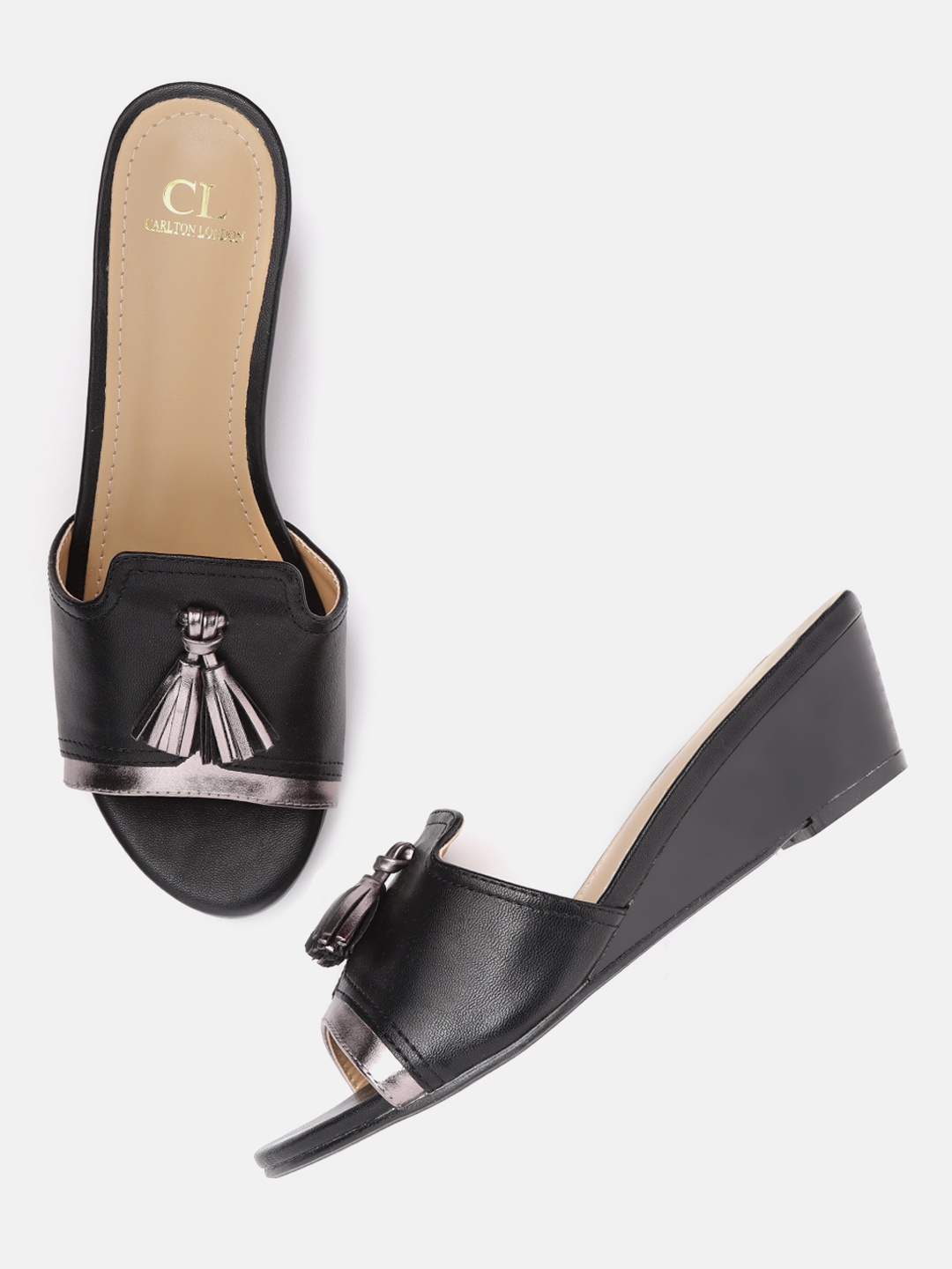 

Carlton London Women Black & Gunmetal-Toned Solid Wedges with Tasselled Detail