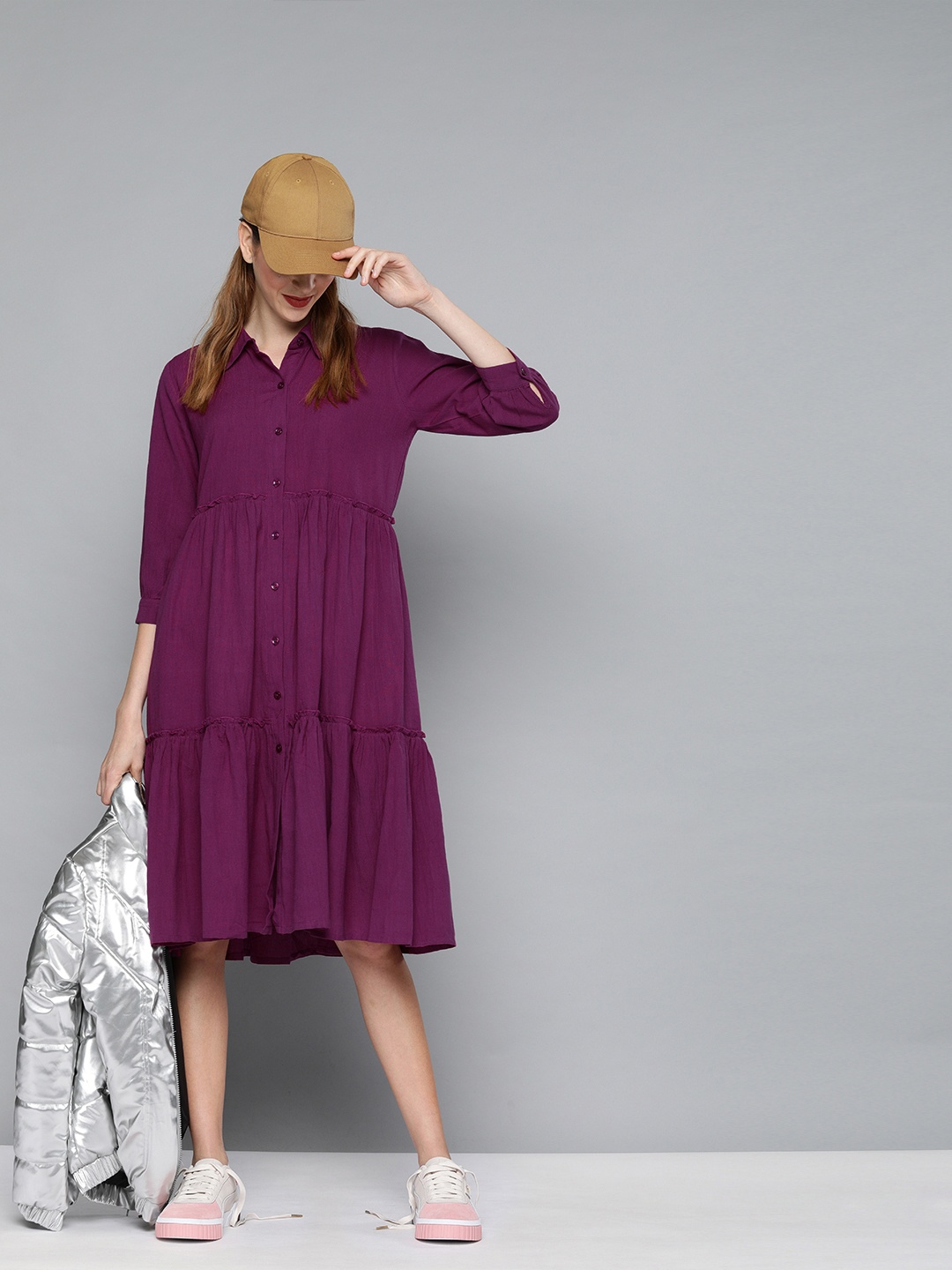 

SASSAFRAS Purple Pure Cotton Tiered A-Line Dress