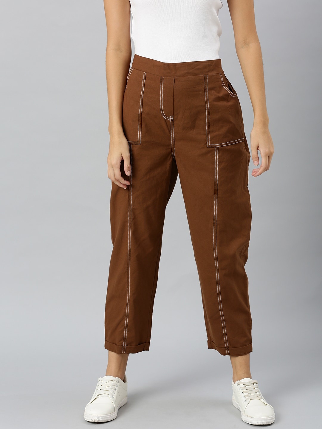 

SASSAFRAS Women Brown Cropped Pure Cotton Trousers