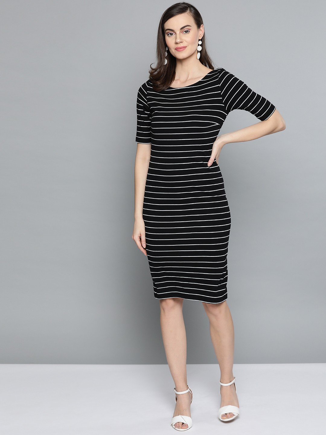 

Harpa Women Black & White Striped Sheath Dress
