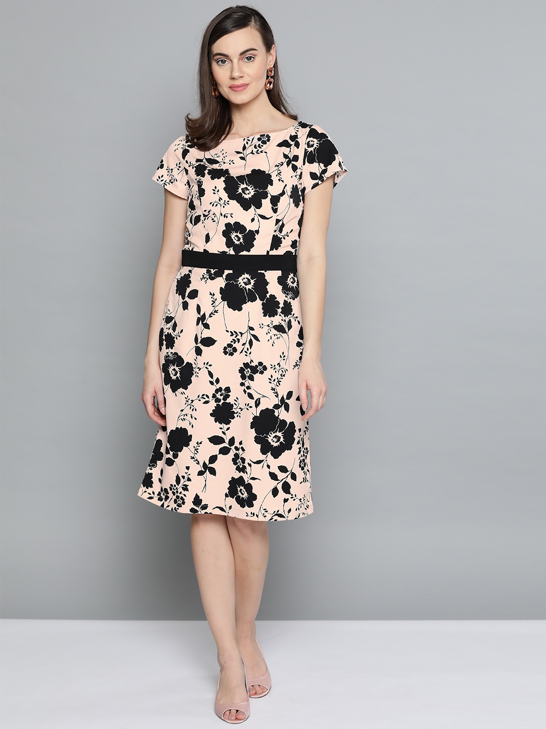 

Harpa Women Peach-Coloured & Black Printed A-Line Dress