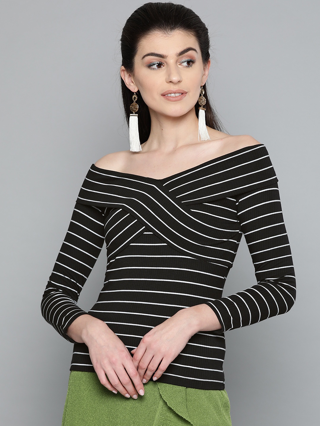 

Harpa Women Black & White Striped Bardot Top