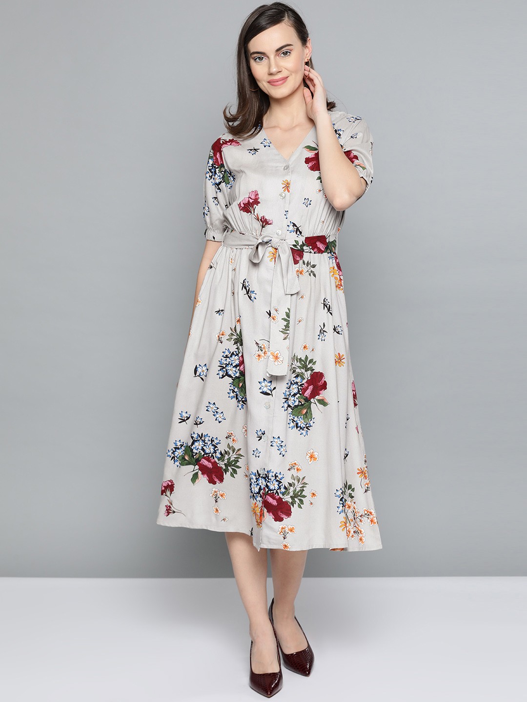 

Harpa Women Grey & Maroon Printed A-Line Dress With Belt