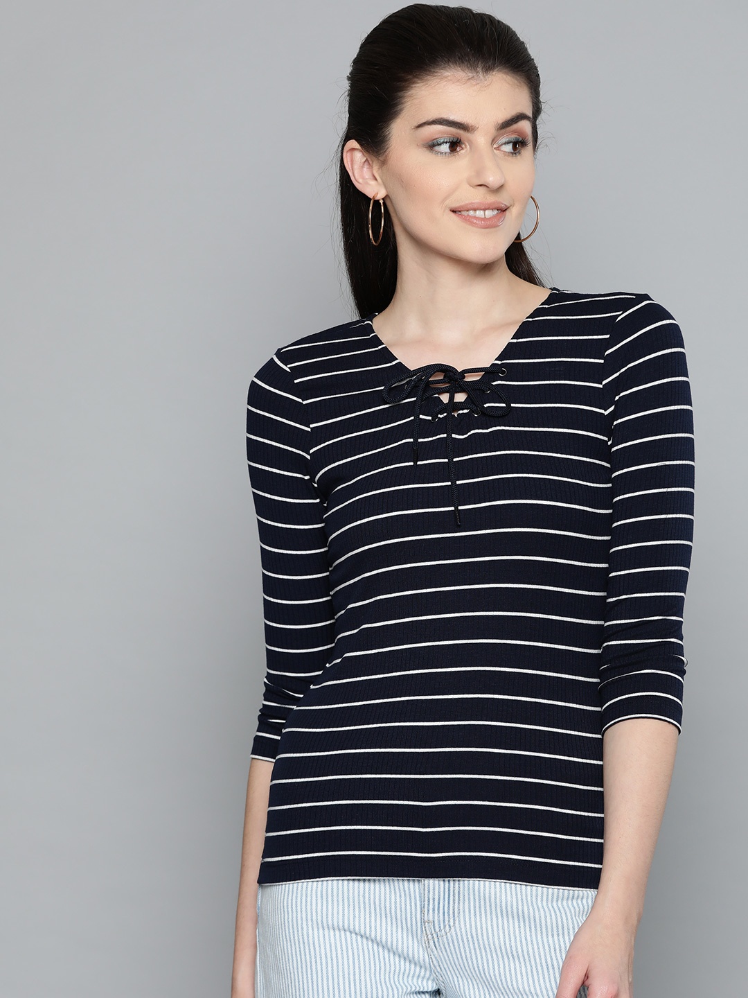 

Harpa Women Navy Blue & White Striped Regular Top
