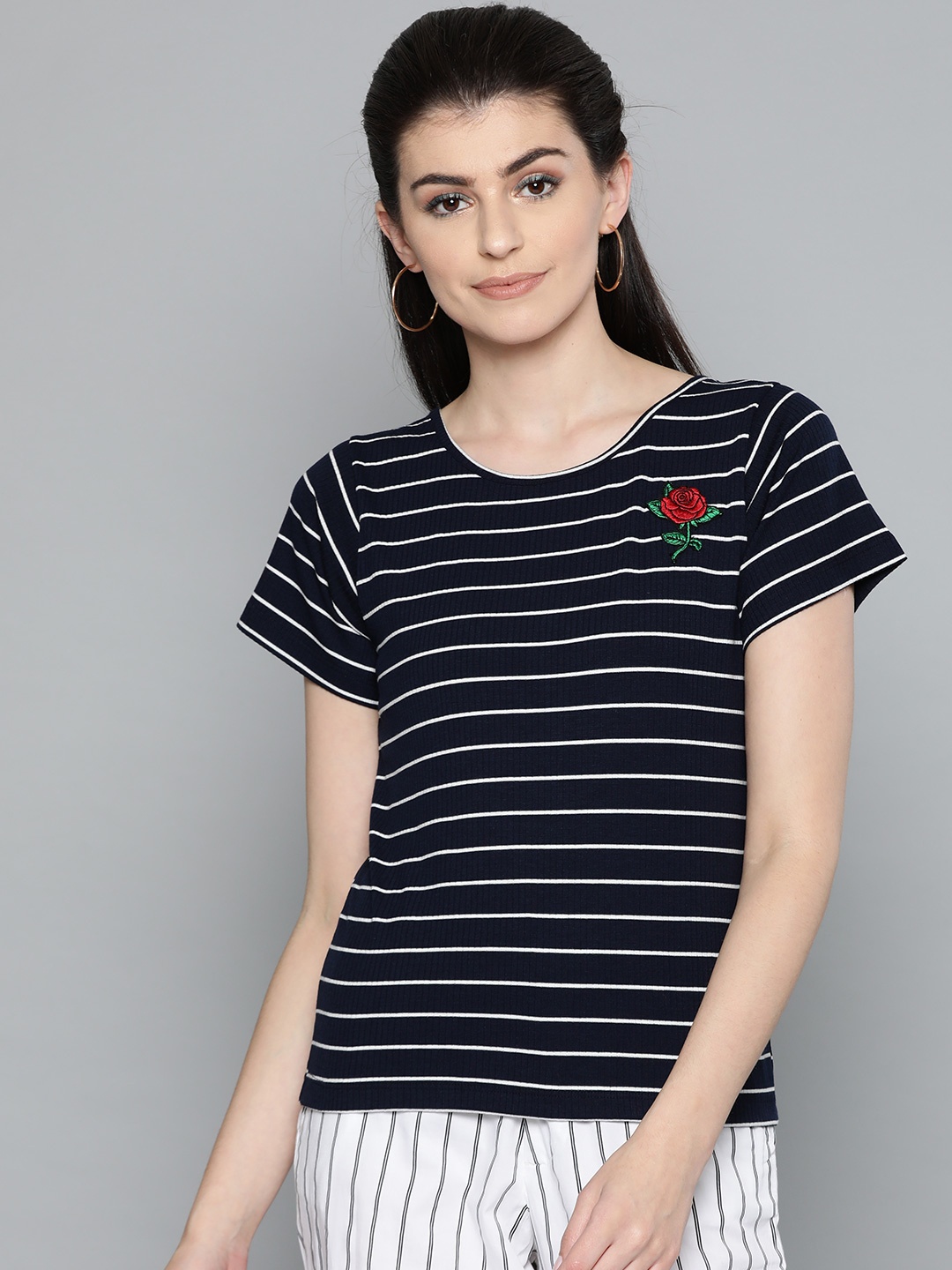 

Harpa Women Navy Blue & White Striped Styled Back Top