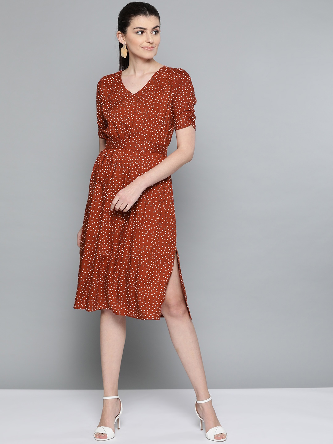 

Harpa Women Rust Red & White Printed A-Line Dress