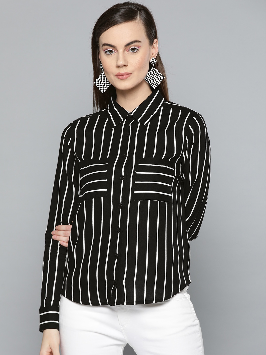 

Harpa Women Black & White Regular Fit Striped Casual Shirt