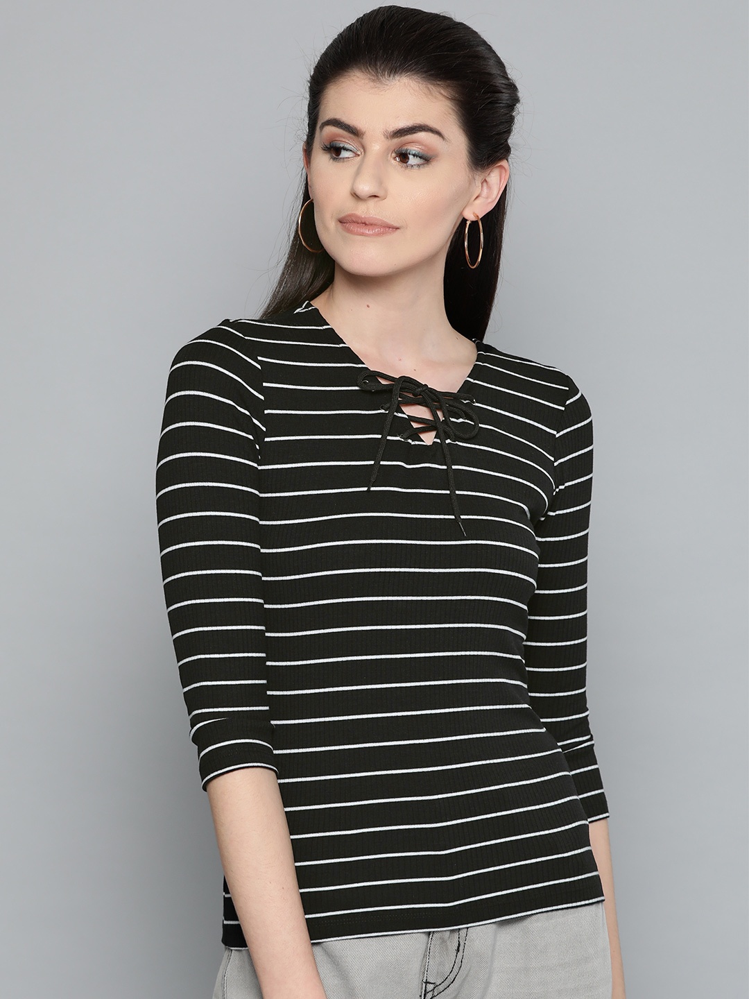 

Harpa Women Black & White Striped Ribbed Top