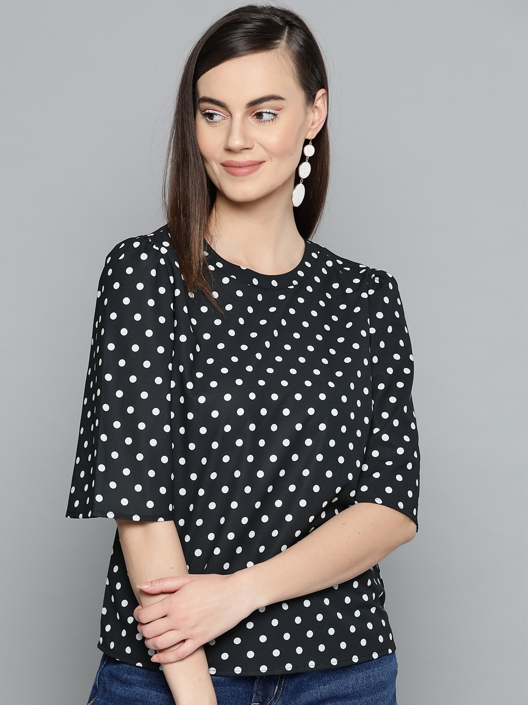 

Harpa Women Black & White Polka Dot Print Styled Back Top