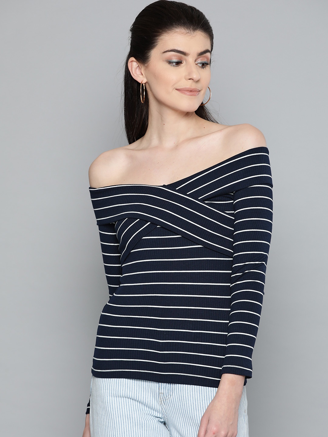 

Harpa Women Navy Blue & White Striped Off-Shoulder Fitted Top