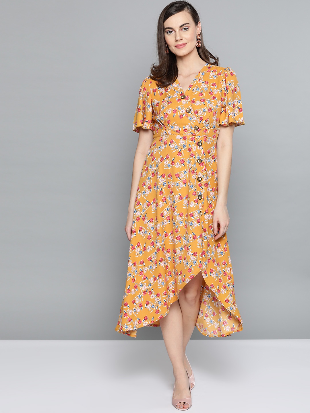 

Harpa Women Mustard Yellow & Pink Printed Tulip Wrap Dress