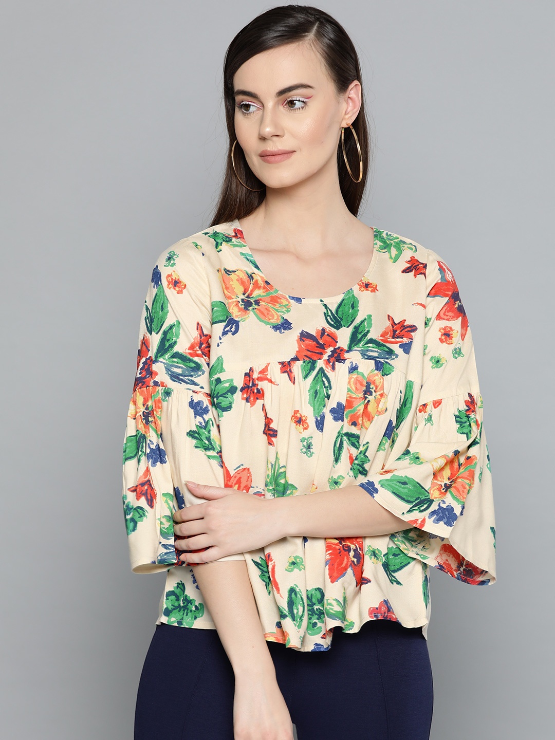 

Harpa Women Cream-Coloured & Green Printed Empire Top