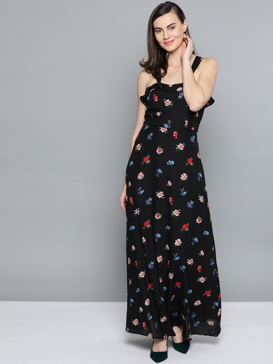 

Harpa Women Black & Red Floral Printed Maxi Dress