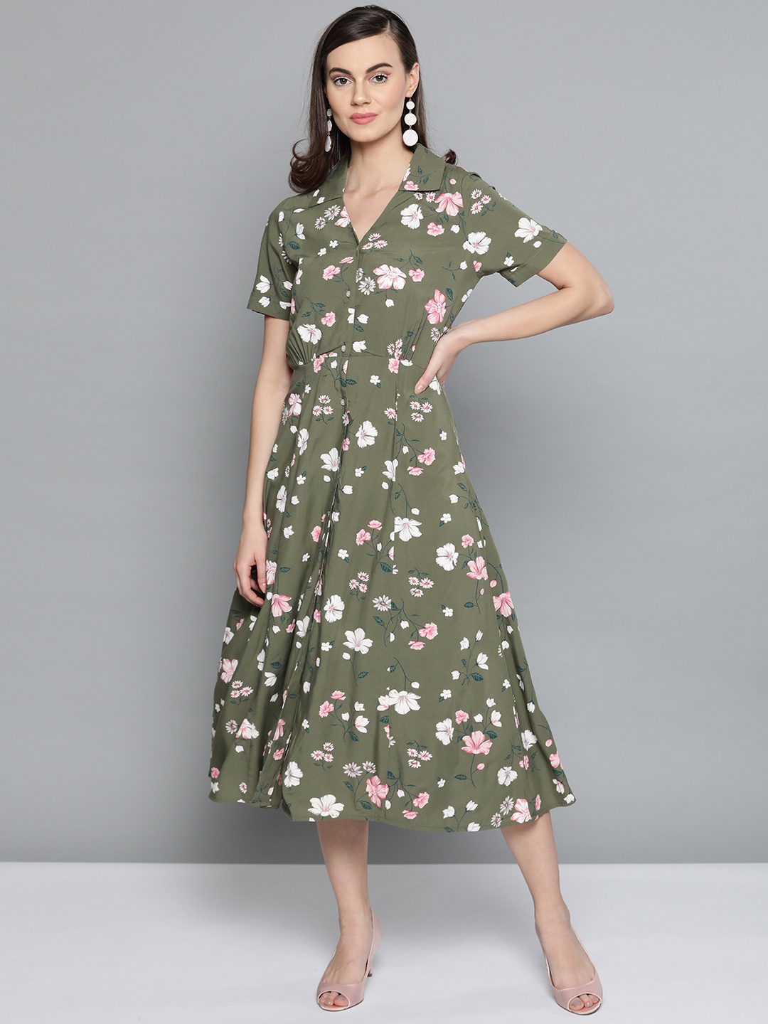 

Harpa Women Olive Green & Pink Floral Printed Shirt Dress
