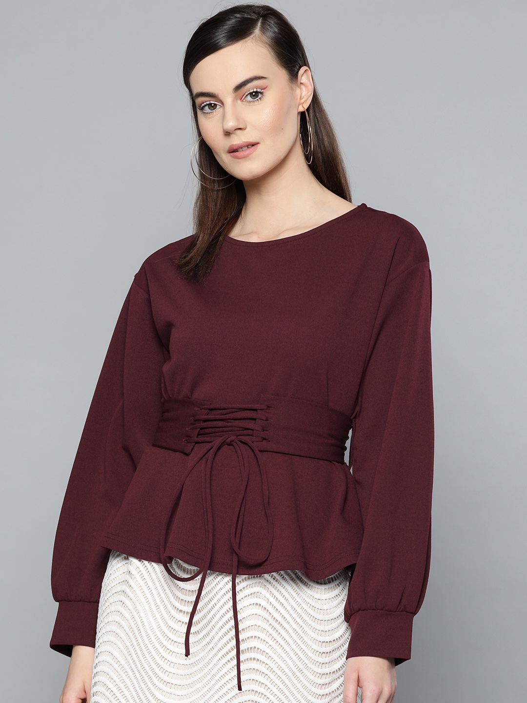 

Harpa Women Burgundy Solid Cinched Waist Top