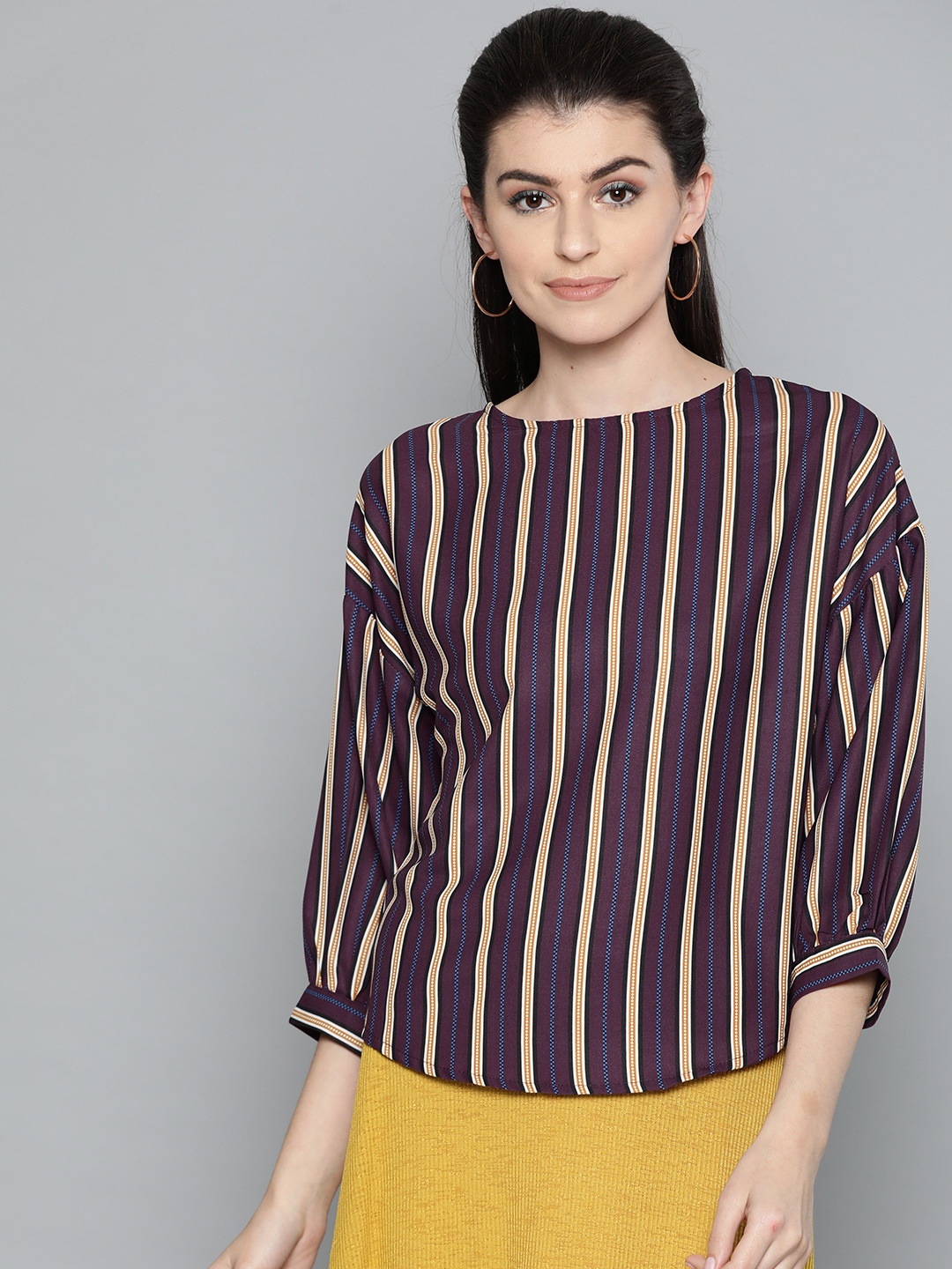 

Harpa Women Purple & Mustard Yellow Striped Regular Top