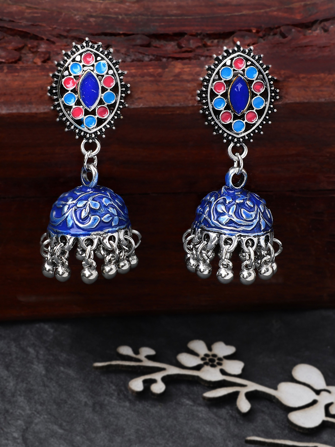 

Rubans Silver-Plated Blue Handcrafted Dome Shaped Jhumkas