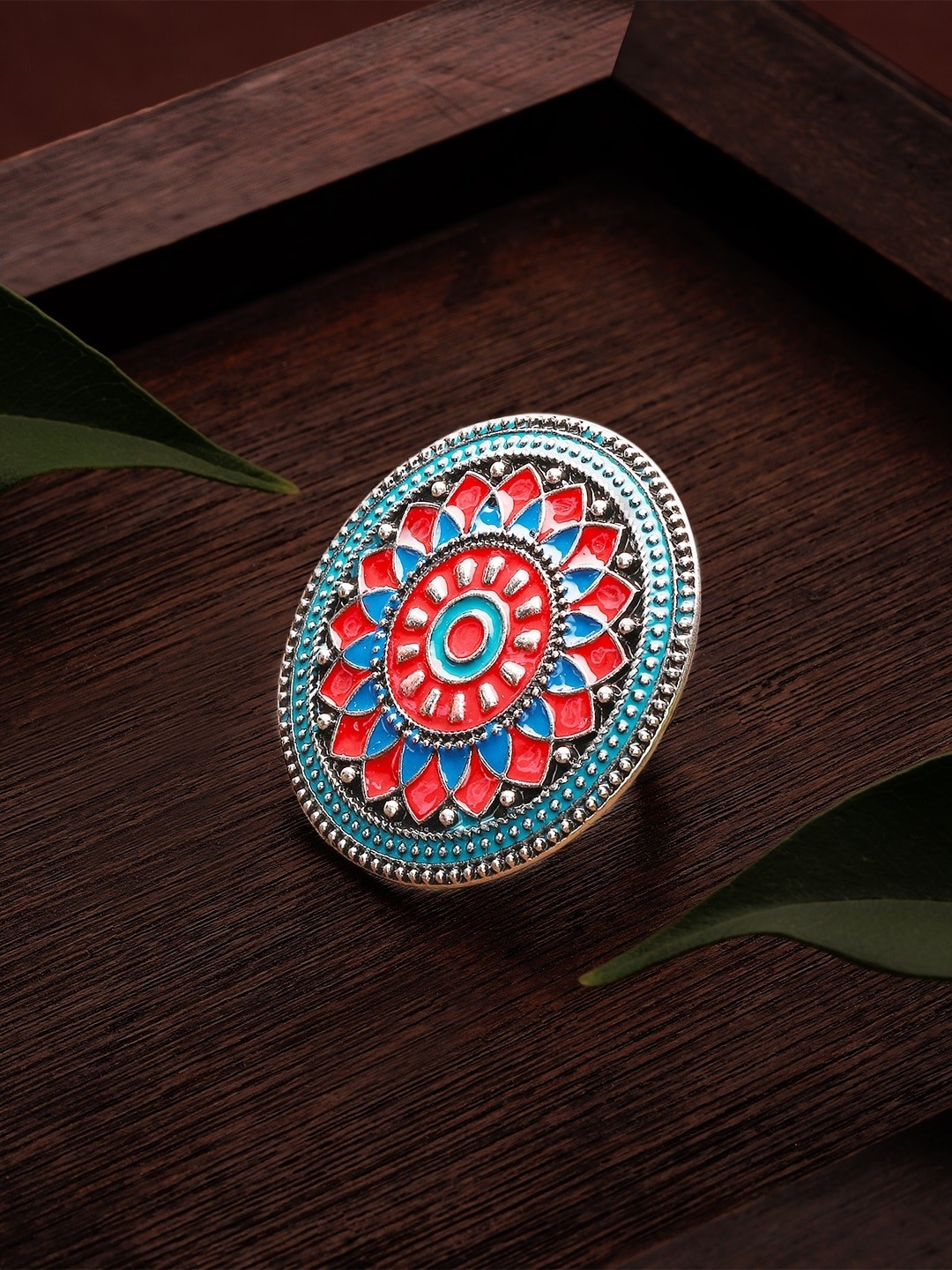 

Rubans Oxidized Silver-Plated Blue & Red Enamelled Adjustable Handcrafted Finger Ring