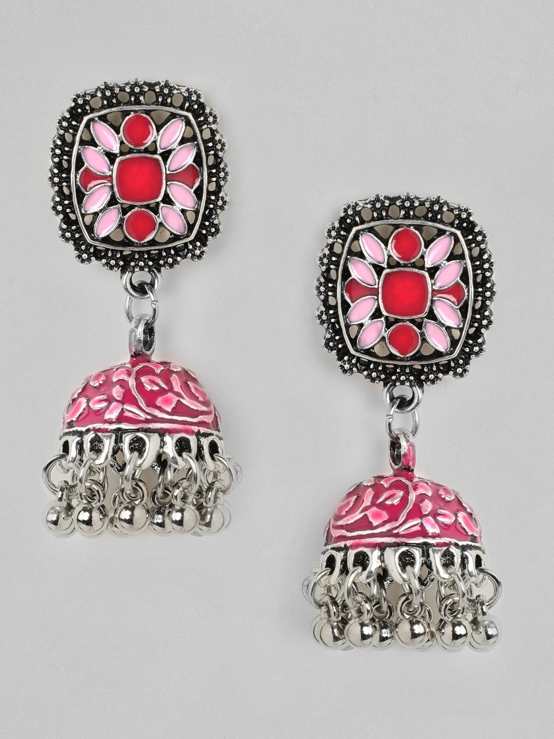 

Rubans Silver-Plated & Pink Oxidised Handcrafted Enamel Classic Jhumkas