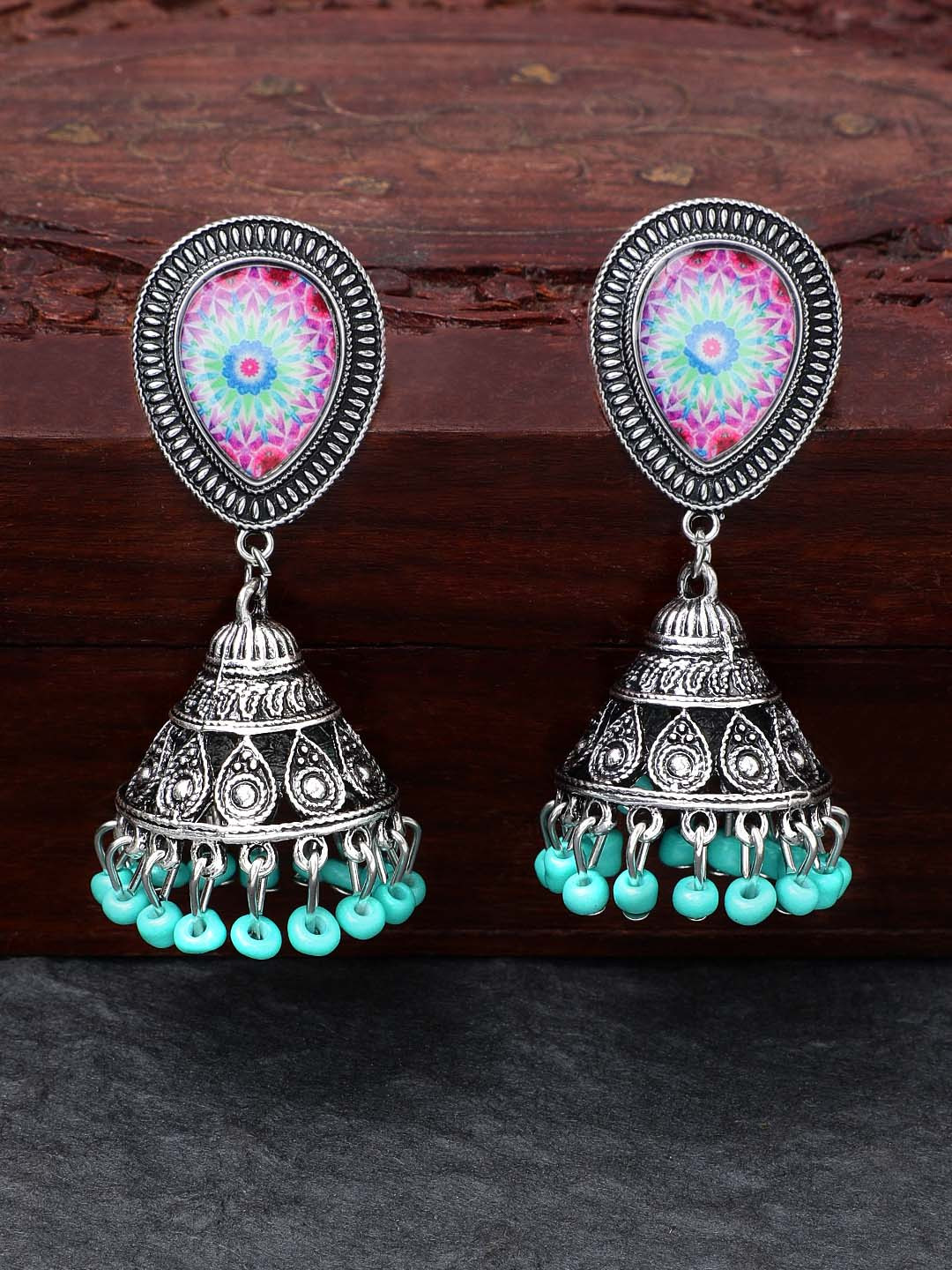 

Rubans Silver-Plated Green Handcrafted Dome Shaped Jhumkas