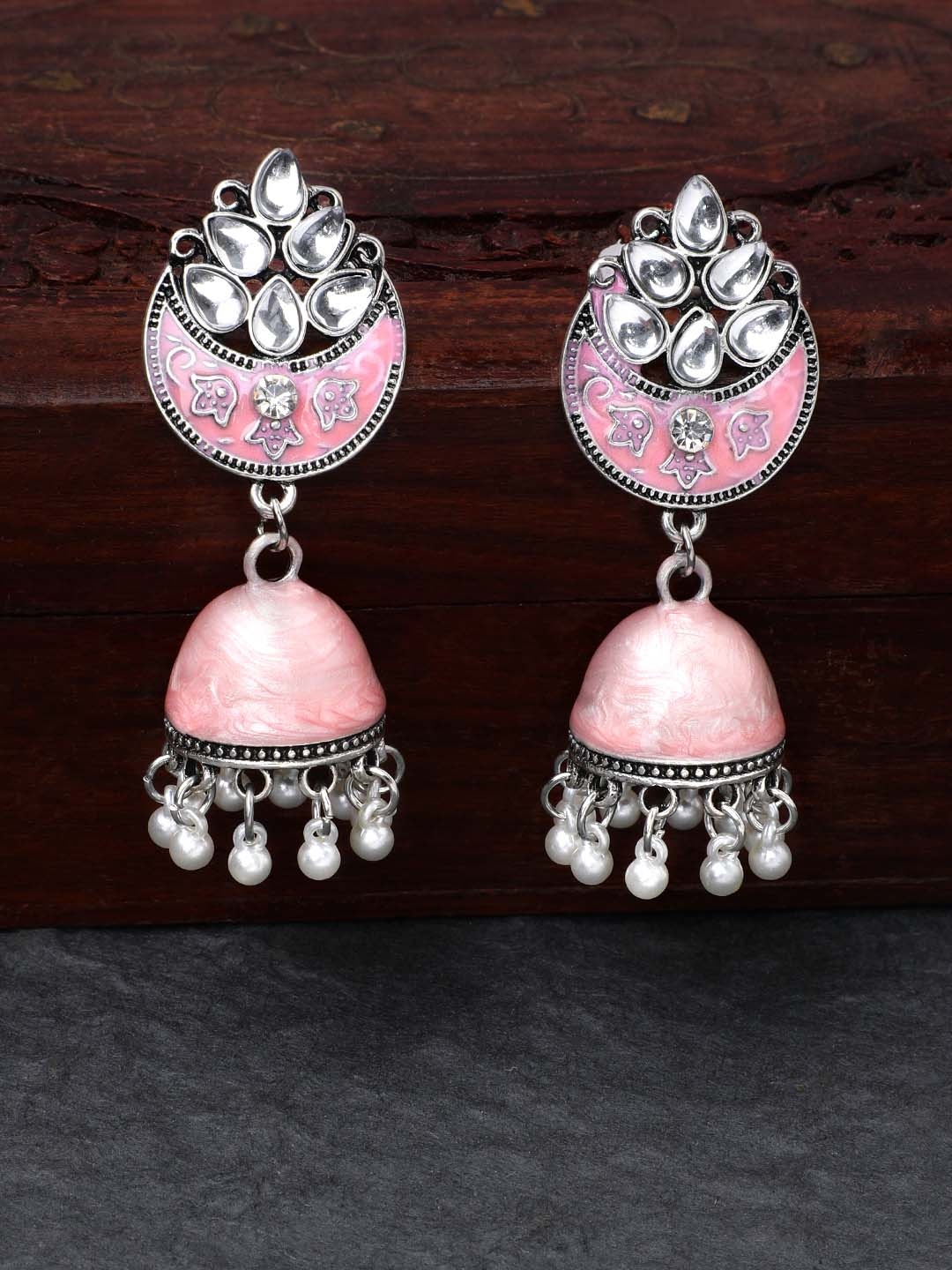 

Rubans Silver-Plated Pink Handcrafted Classic Jhumkas