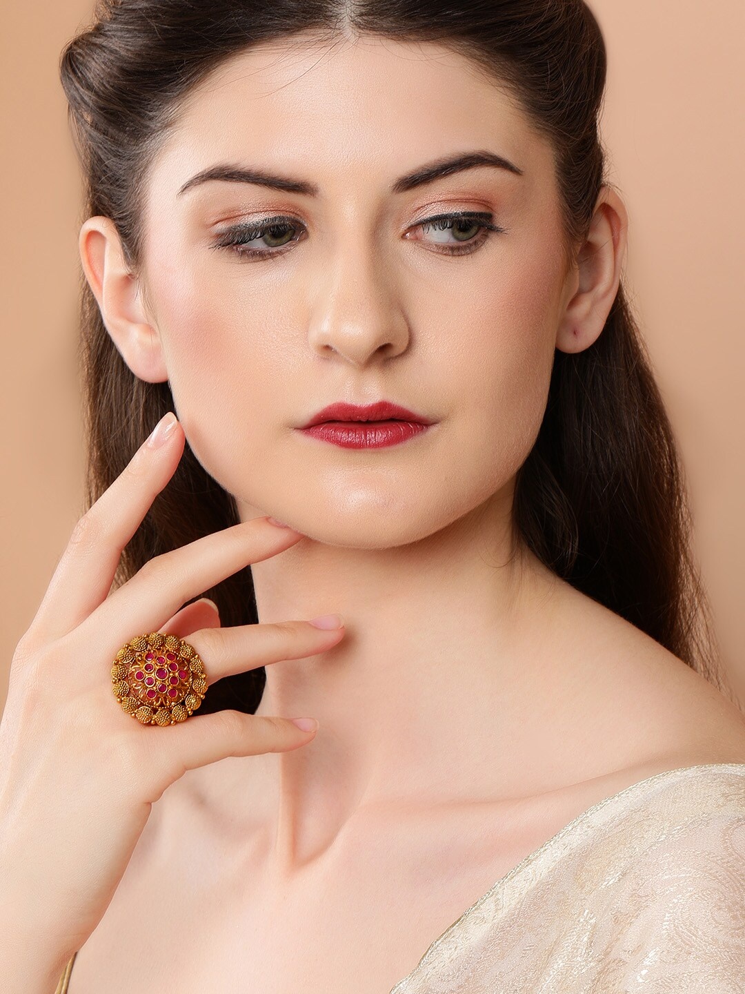 

Rubans Gold-Plated & Pink Stone-Studded Handcrafted Adjustable Statement Finger Ring
