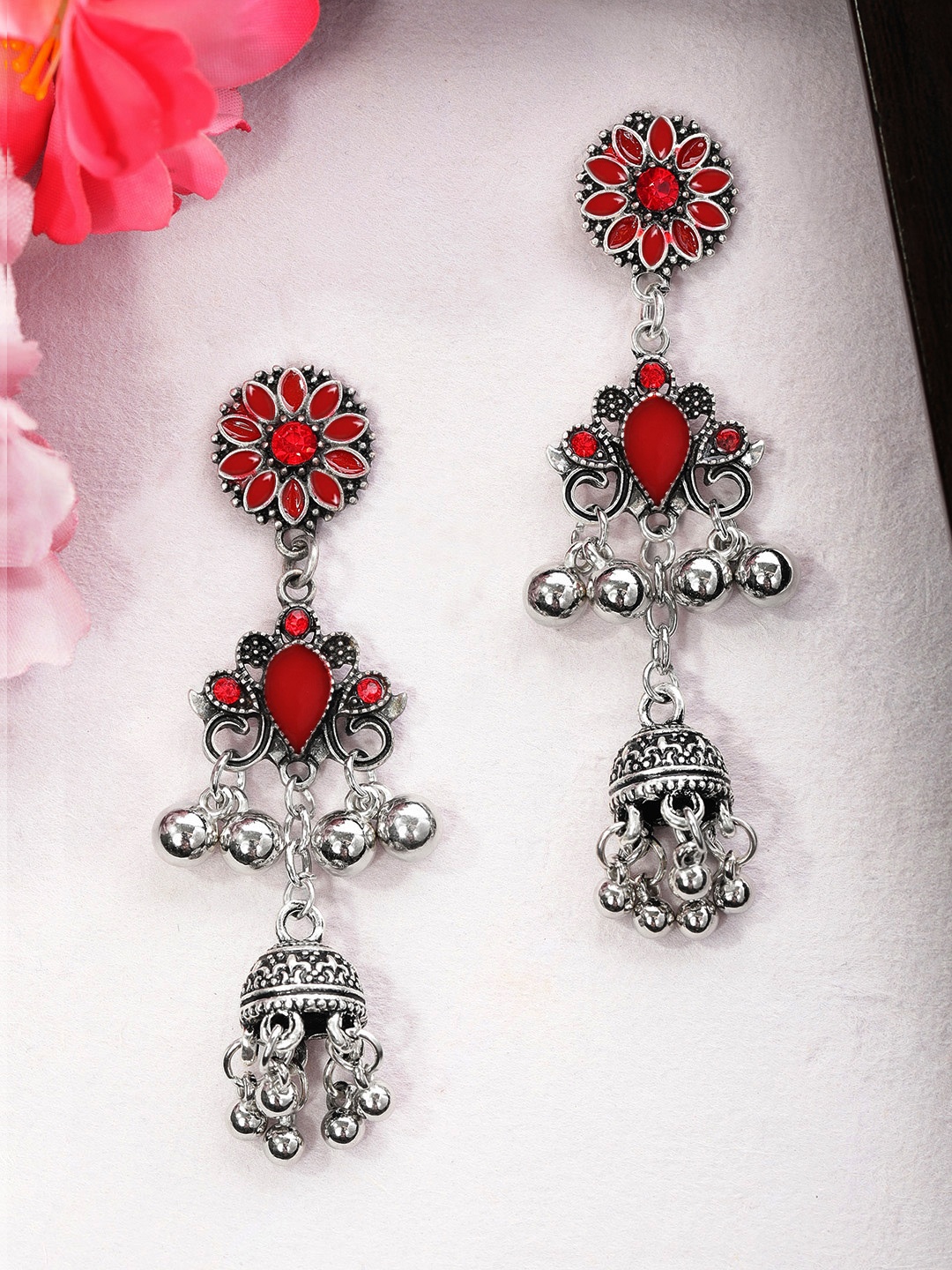 

Rubans Silver-Plated Red Handcrafted Classic Jhumkas