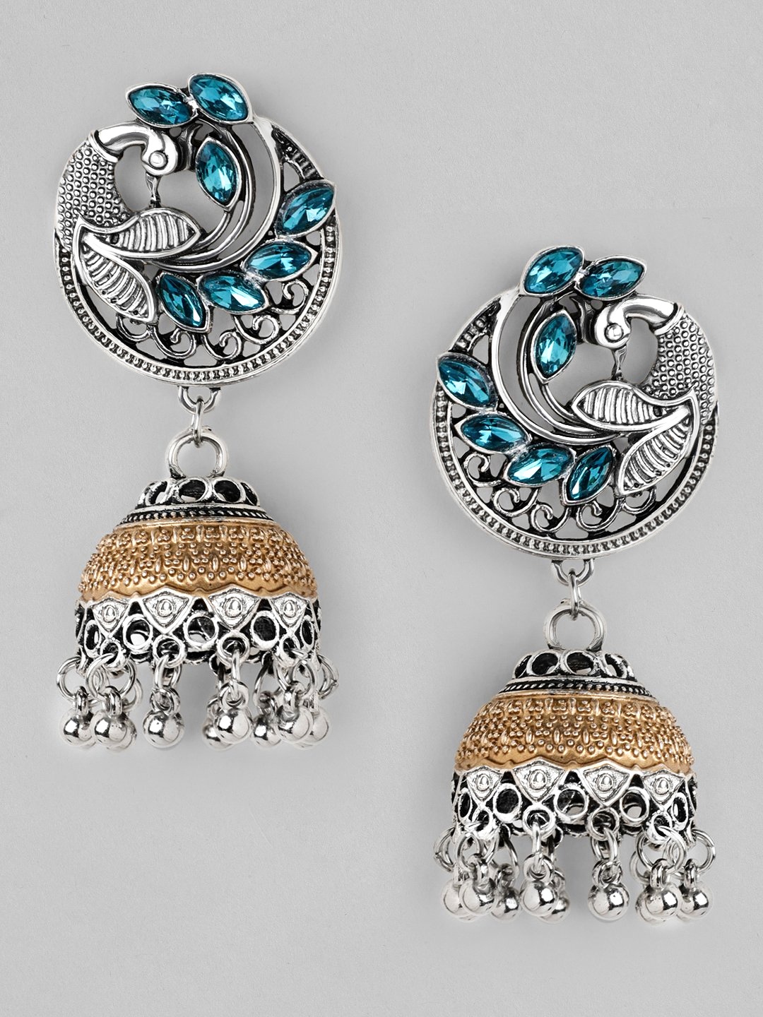 

Rubans Silver-Plated & Blue Oxidised Handcrafted Peacock Shaped Jhumkas