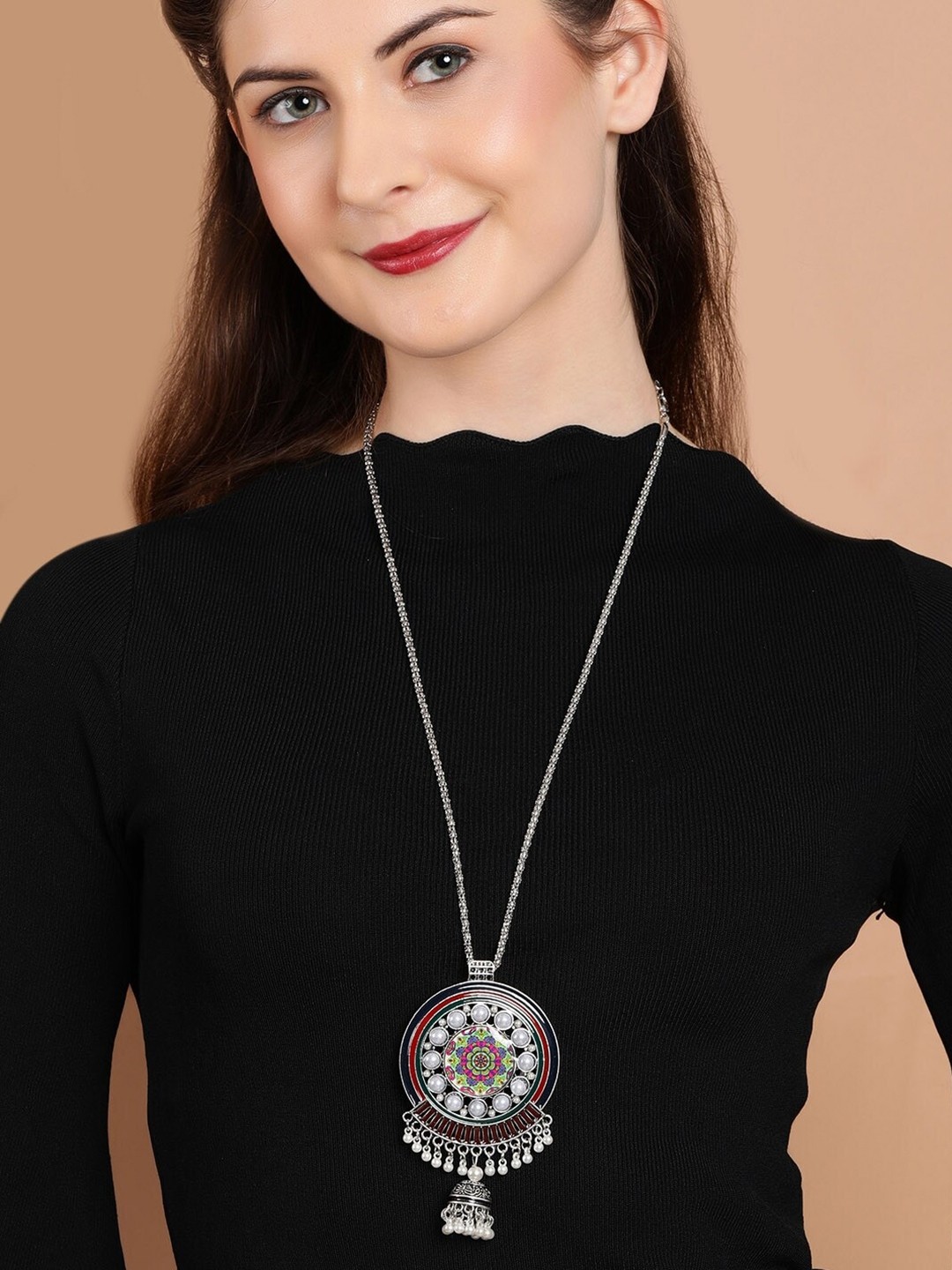 

Rubans Silver Plated Oxidised Handcrafted Enamel Necklace