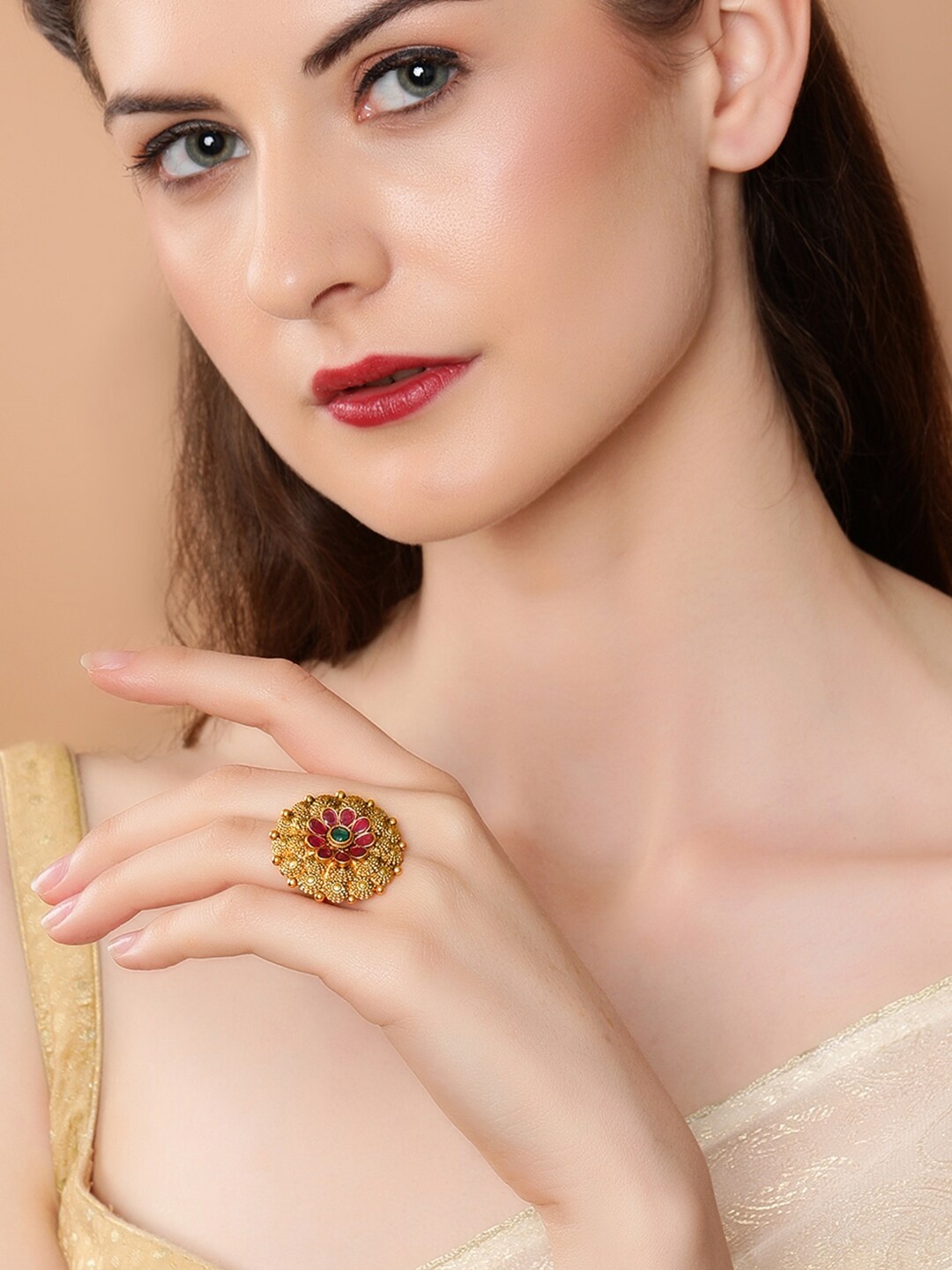 

Rubans Gold-Plated Pink & Green Stone-Studded Handcrafted Adjustable Statement Finger Ring