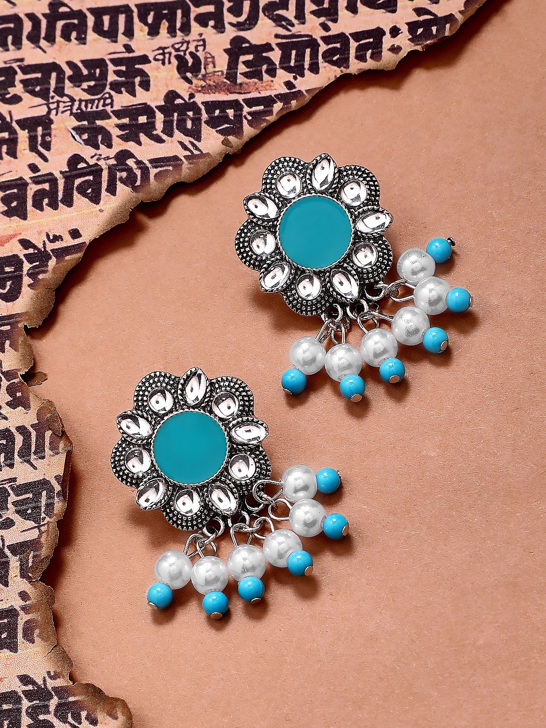 

Rubans Silver-Plated & Blue Oxidised Handcrafted Enamel Classic Drop Earrings