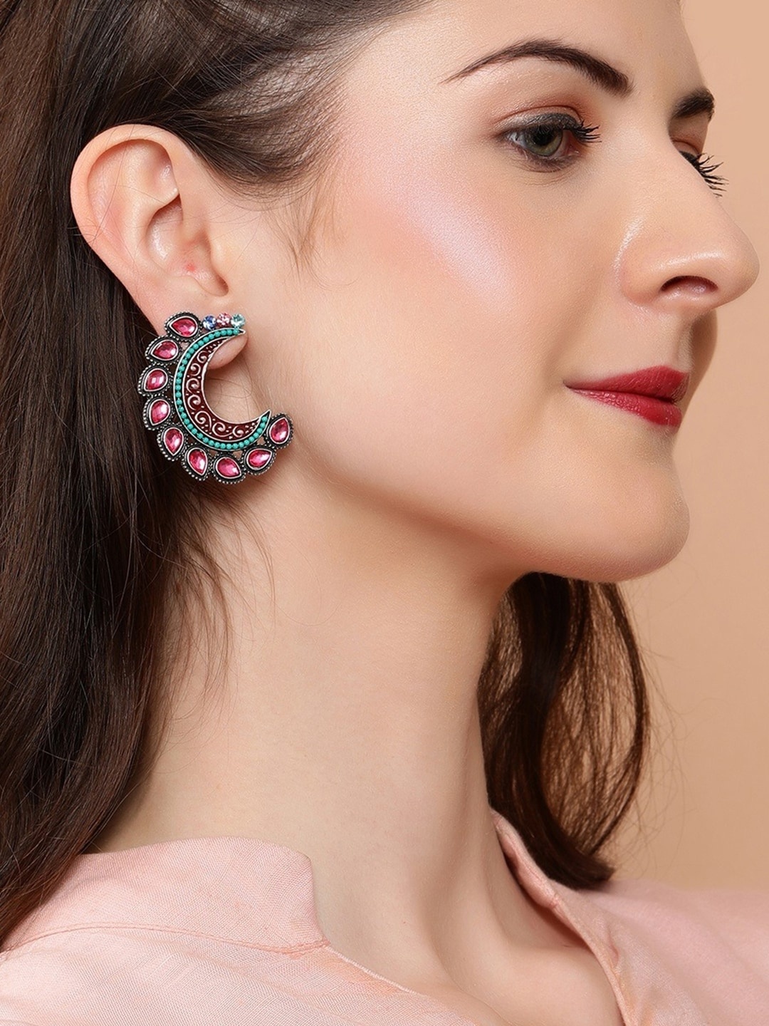 

Rubans Silver-Toned & Pink Classic Studs