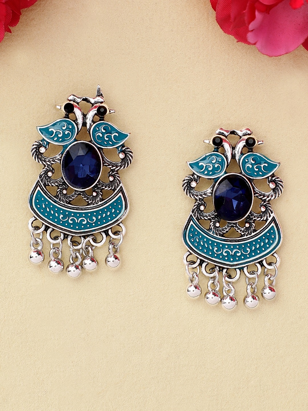 

Rubans Silver-Plated & Blue Classic Oxidised Handcrafted Drop Earrings