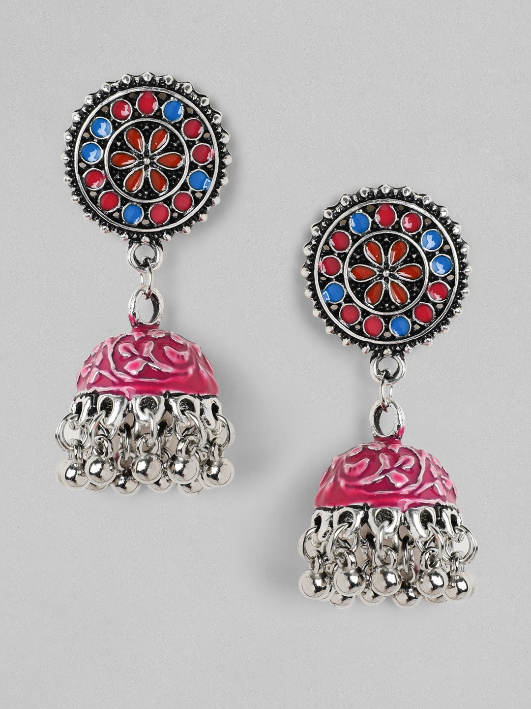 

Rubans Silver-Plated & Pink Classic Oxidised Jhumkas
