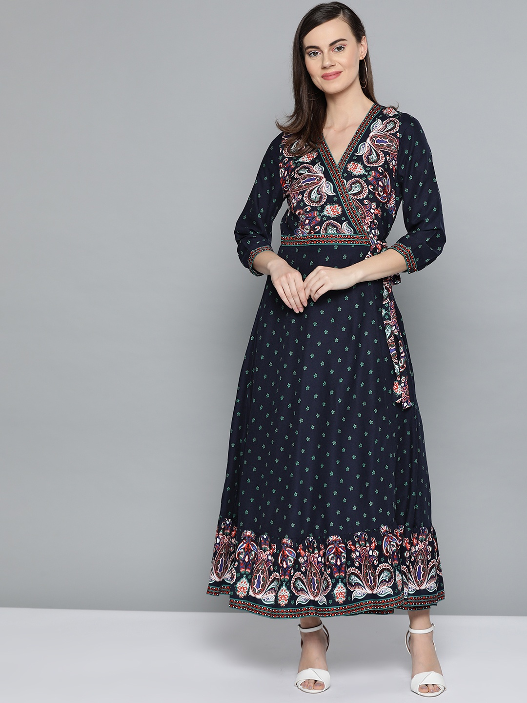 

Harpa Women Navy Blue & Green Printed Wrap Maxi Dress