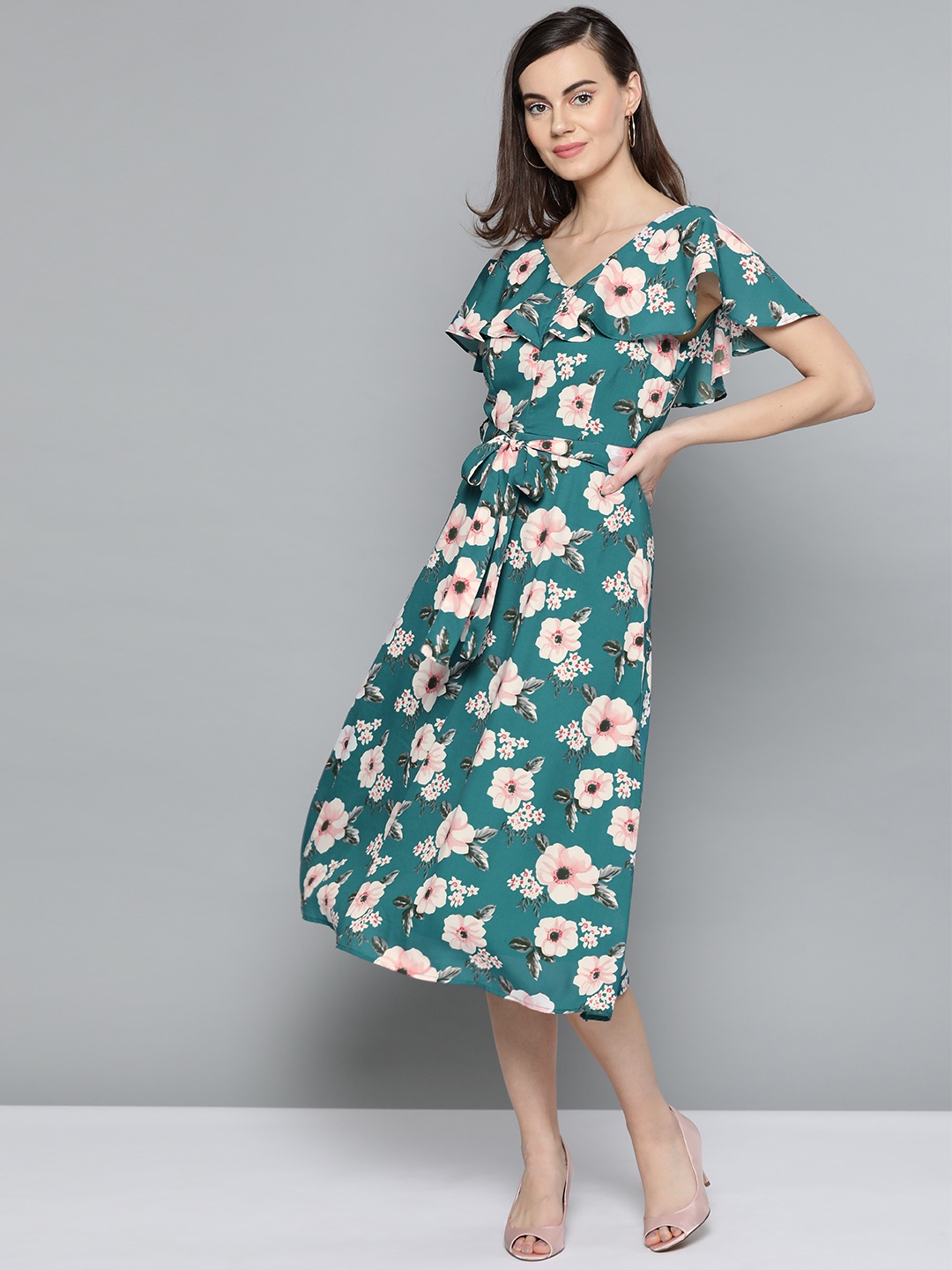 

Harpa Women Teal Green & White Floral Print A-Line Dress