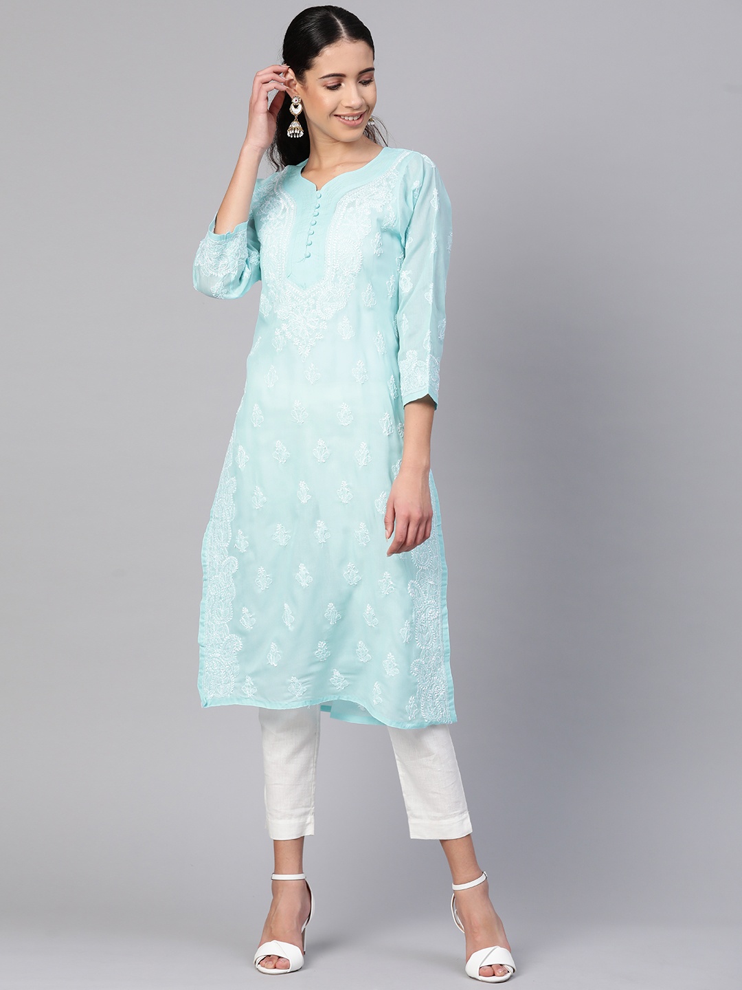 

ADA Women Blue & White Chikankari Embroidered Straight Sustainable Handloom Kurta