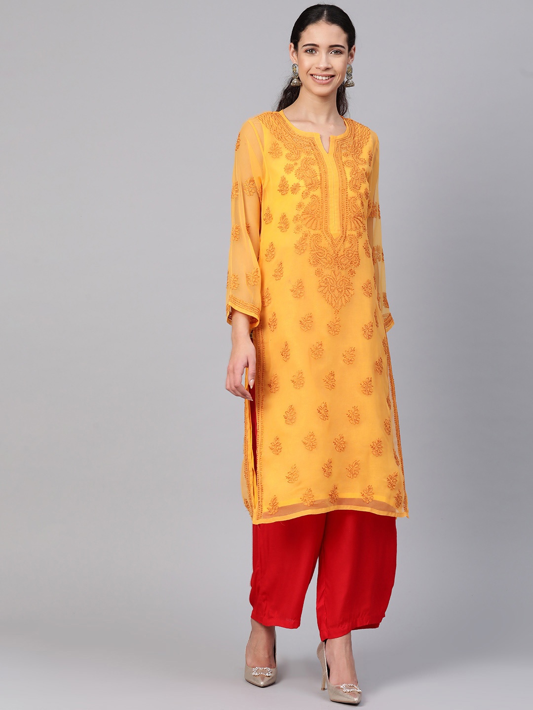 

ADA Women Mustard Yellow Chikankari Hand Embroidered Sheer Sustainable Handloom Kurta with Inner