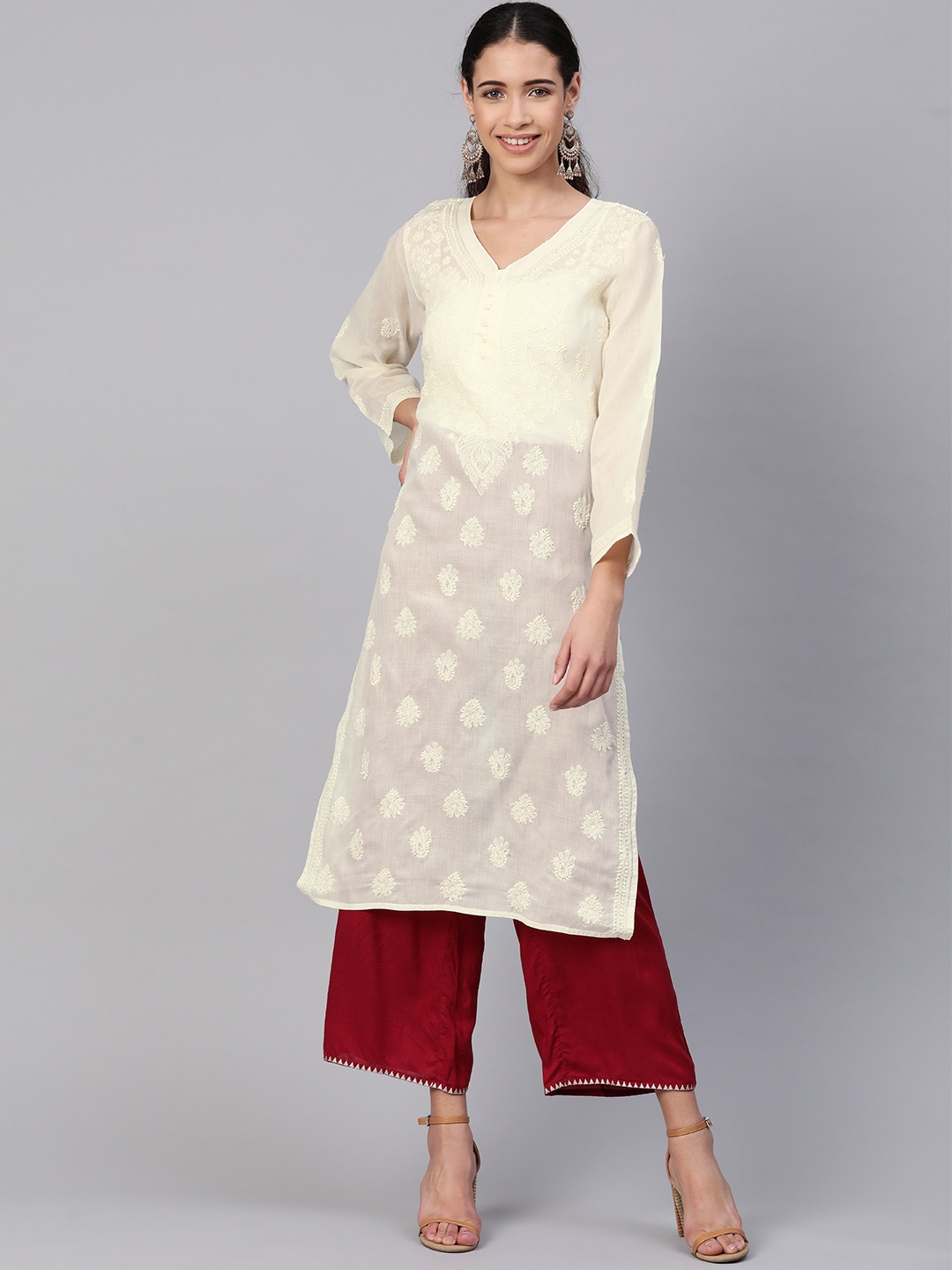 

ADA Women Cream-Coloured Chikankari Embroidered Straight Handloom Kurta