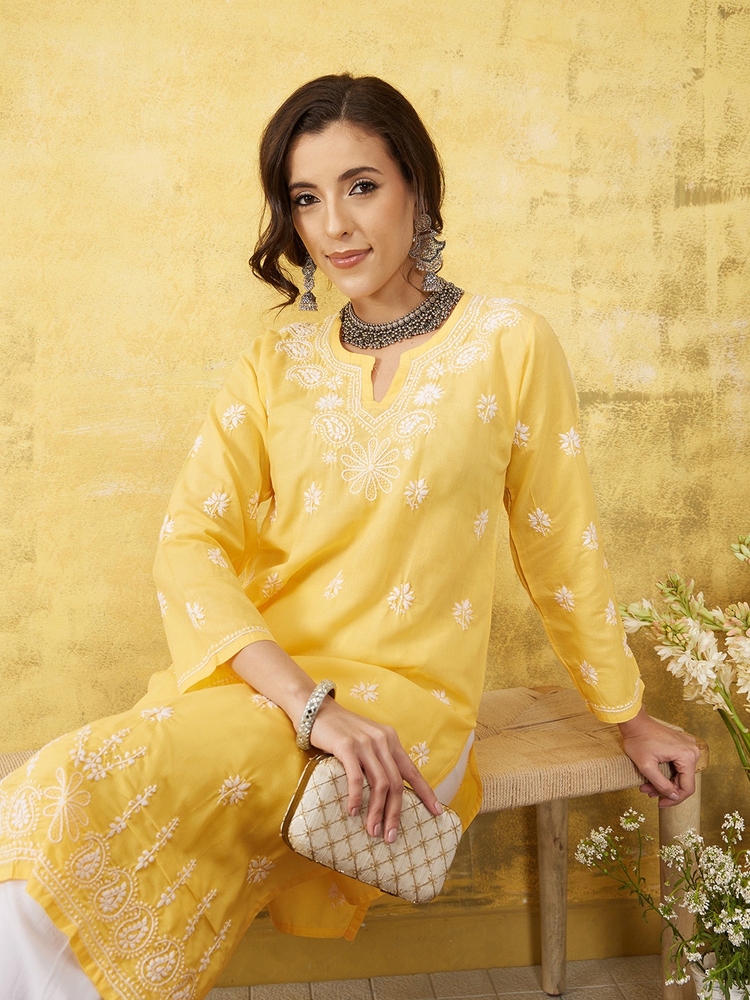 

ADA Women Yellow & White Chikankari Embroidered Straight Handloom Kurta