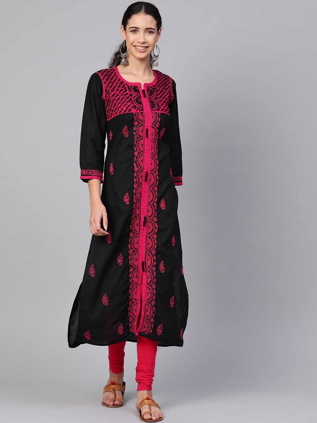 

ADA Women Black & Pink Chikankari Hand Embroidered Straight Handloom Kurta